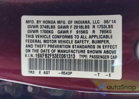2014 Honda Civic Lx from USA, damaged, VIN 19XFB2F53EE061313